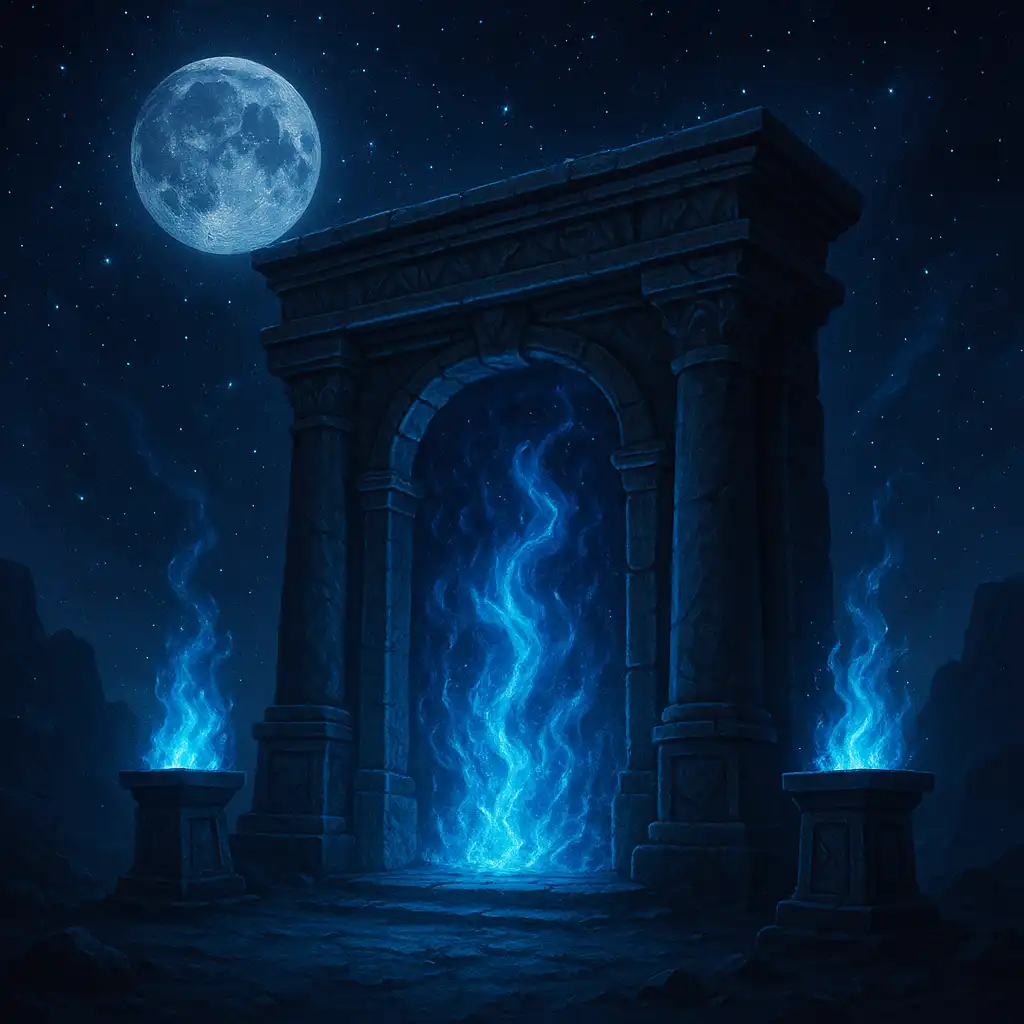 Gates of Hades slot game icon with stone gates in blue flame