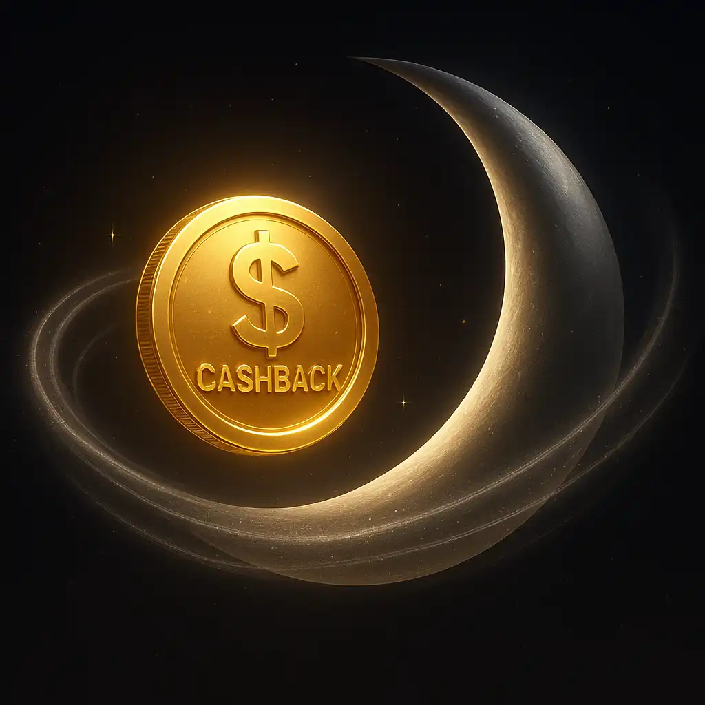 Golden cashback coin orbiting a silver moon