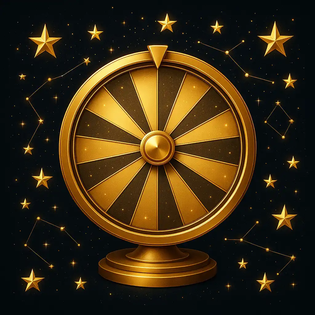 Spinning golden wheel surrounded by stars and constellations