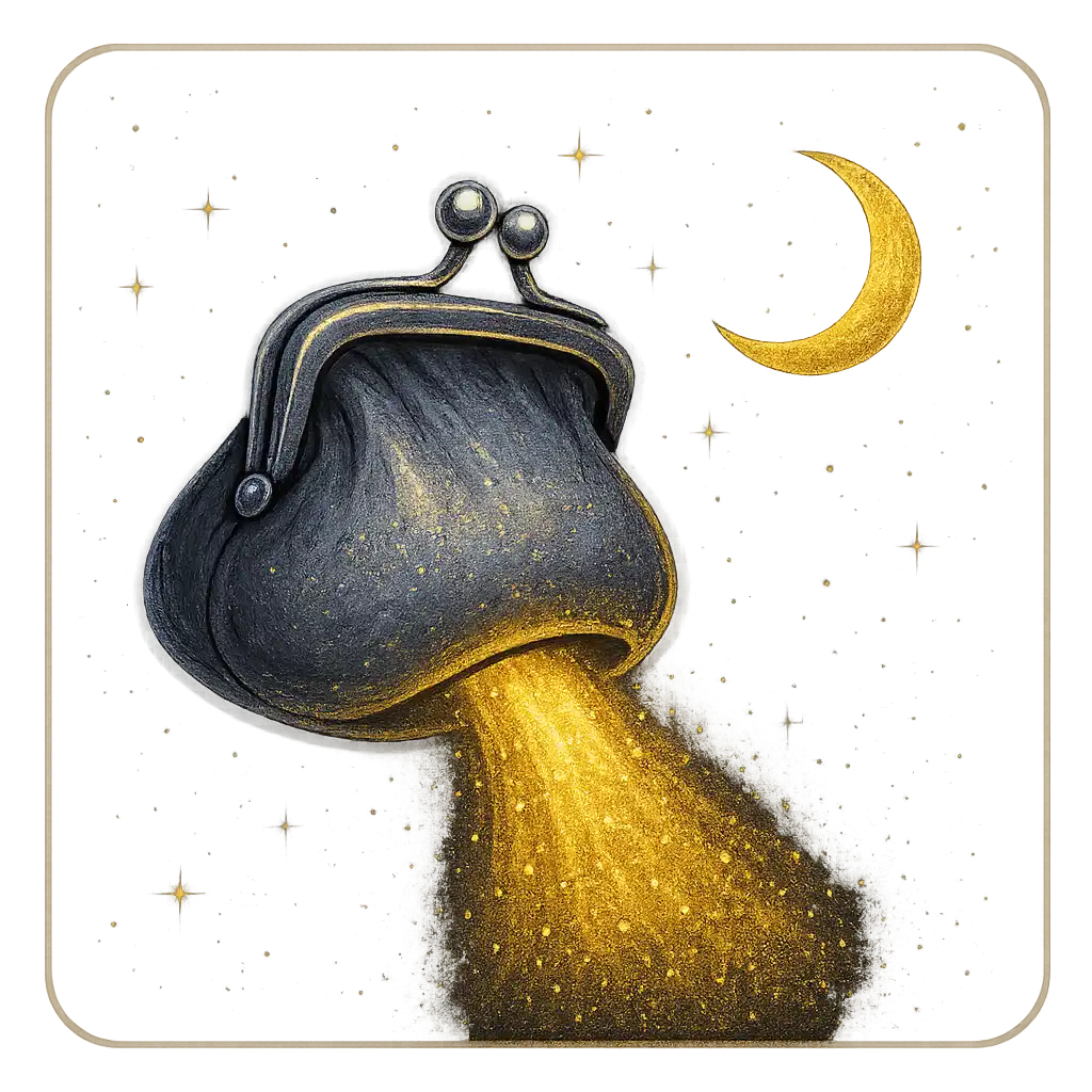 Silver coin pouch pouring golden light under a crescent moon