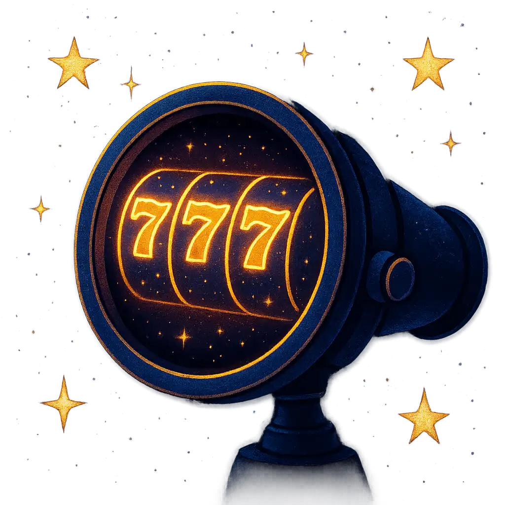 Glowing slot reels spinning inside a telescope lens surrounded by stars